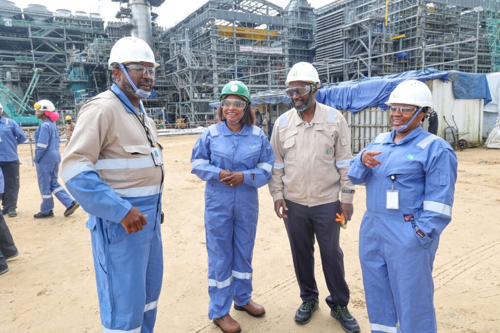 Mrs. Patience Oyekunle, Permanent Secretary, Federal Ministry of Petroleum Resources and Chairperson of the NLNG Board Local Content Committee (LCC), during a visit to the Train 7 Project site at the NLNG Bonny Plant to gain firsthand insight into the project’s progress and assess its readiness. From left are Engr. Dagogo Buowari, Manager, Nigerian Content Development, Mrs. Patience Oyekunle; Engr. Ali Uwais, Project Director, Train 7 Project; and Engr. Tolulope Longe, Manager, Contracts, Procurement & Materials.